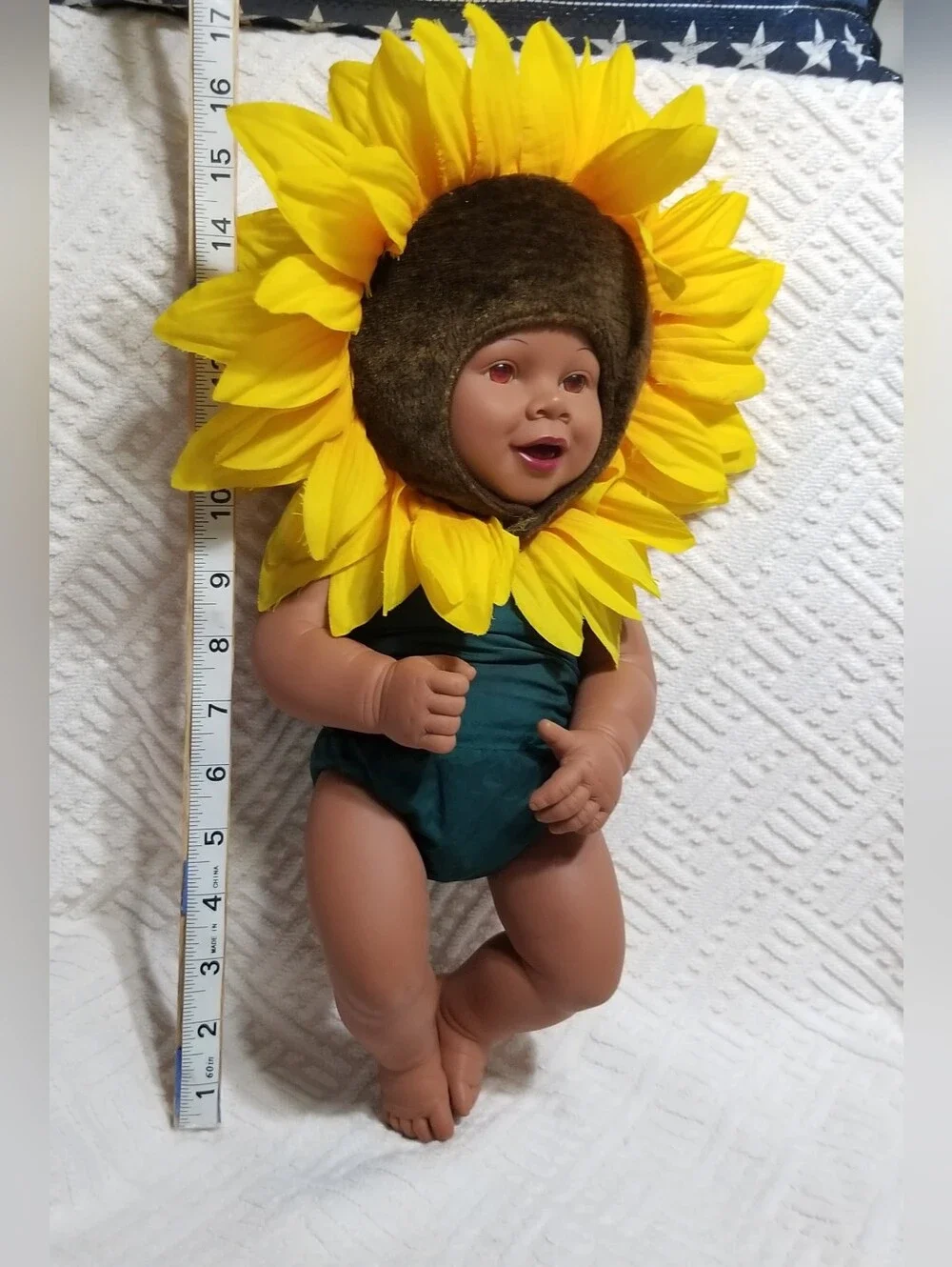 Vintage Anne Geddes Baby Doll With Yellow & Green Sunflower Costume & Headpiece